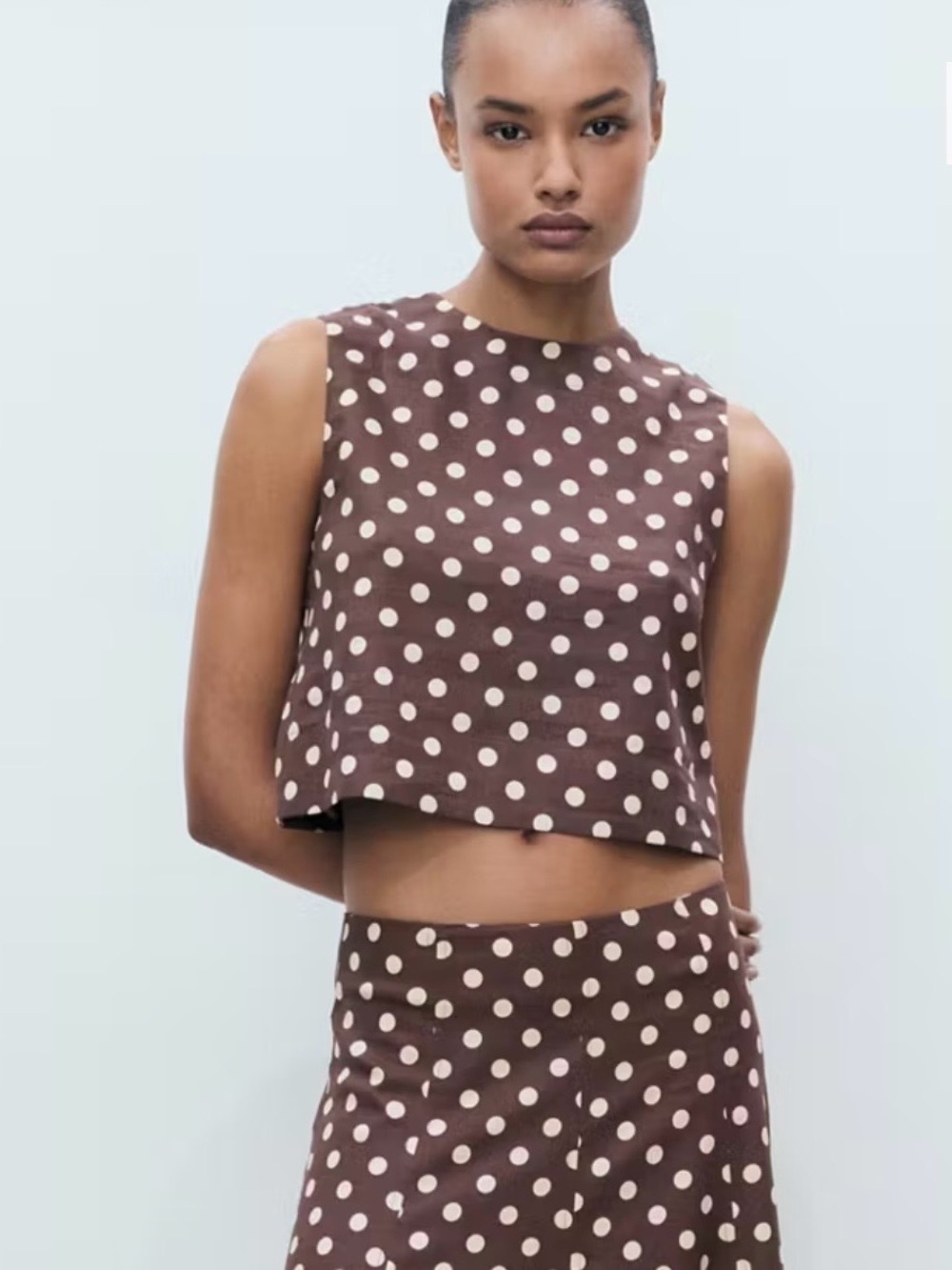 Mango Linen Brown Polka Dot Sleeveless Crop Top